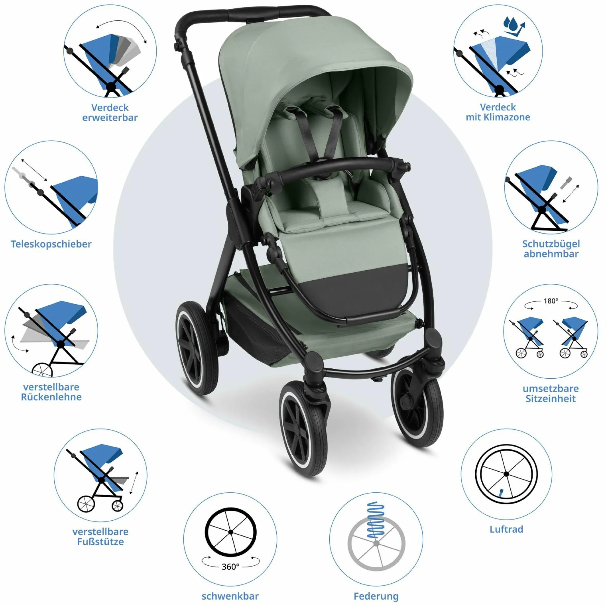 3in1 Kinderwagen-Set Samba 2 - inkl. Babywanne, Autositz Pebble Pro, Sportsitz mit XXL Zubehörpaket - Pine