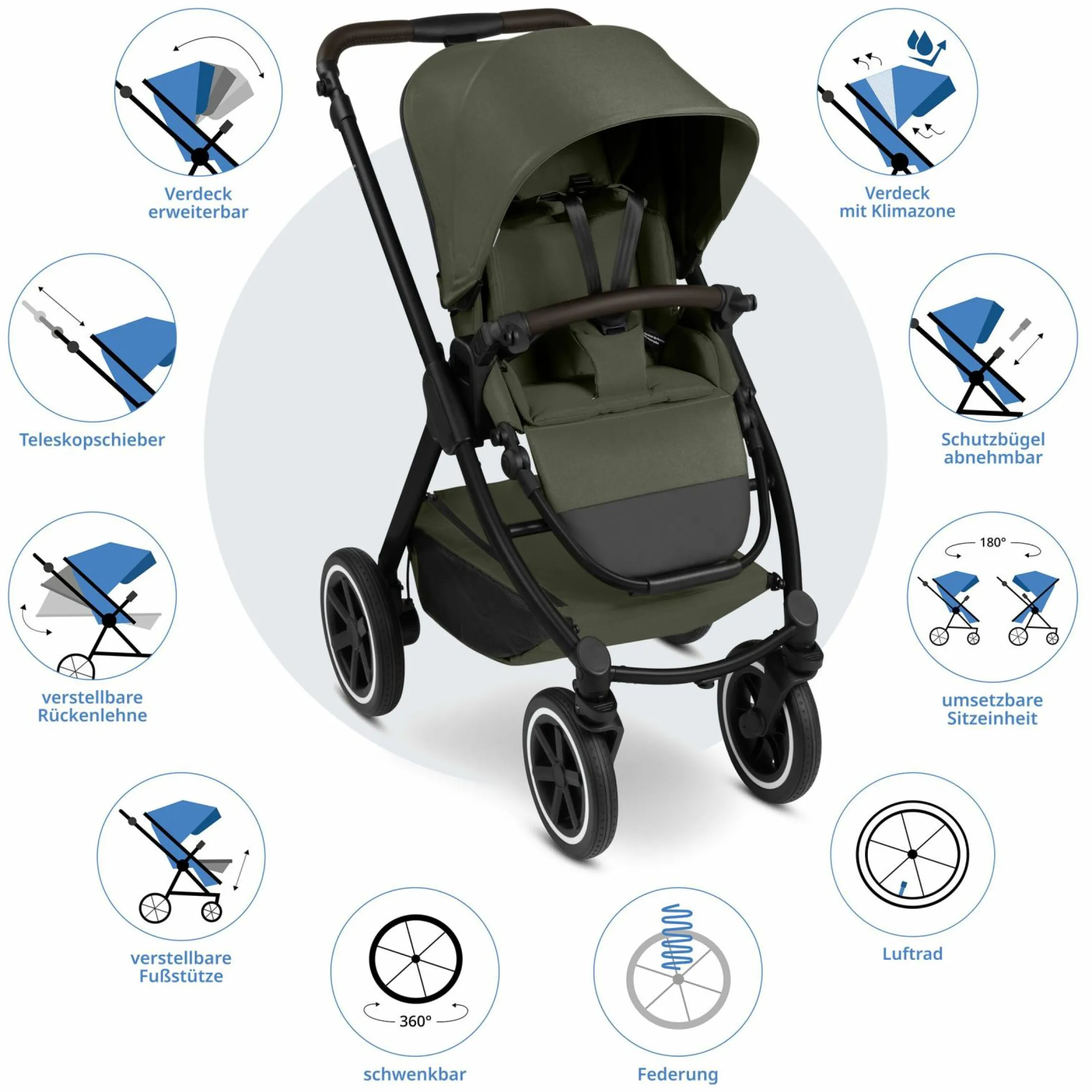 3in1 Kinderwagen-Set Samba 2 - inkl. Babywanne, Autositz Pebble Pro, Sportsitz mit XXL Zubehörpaket - Pure - Avocado