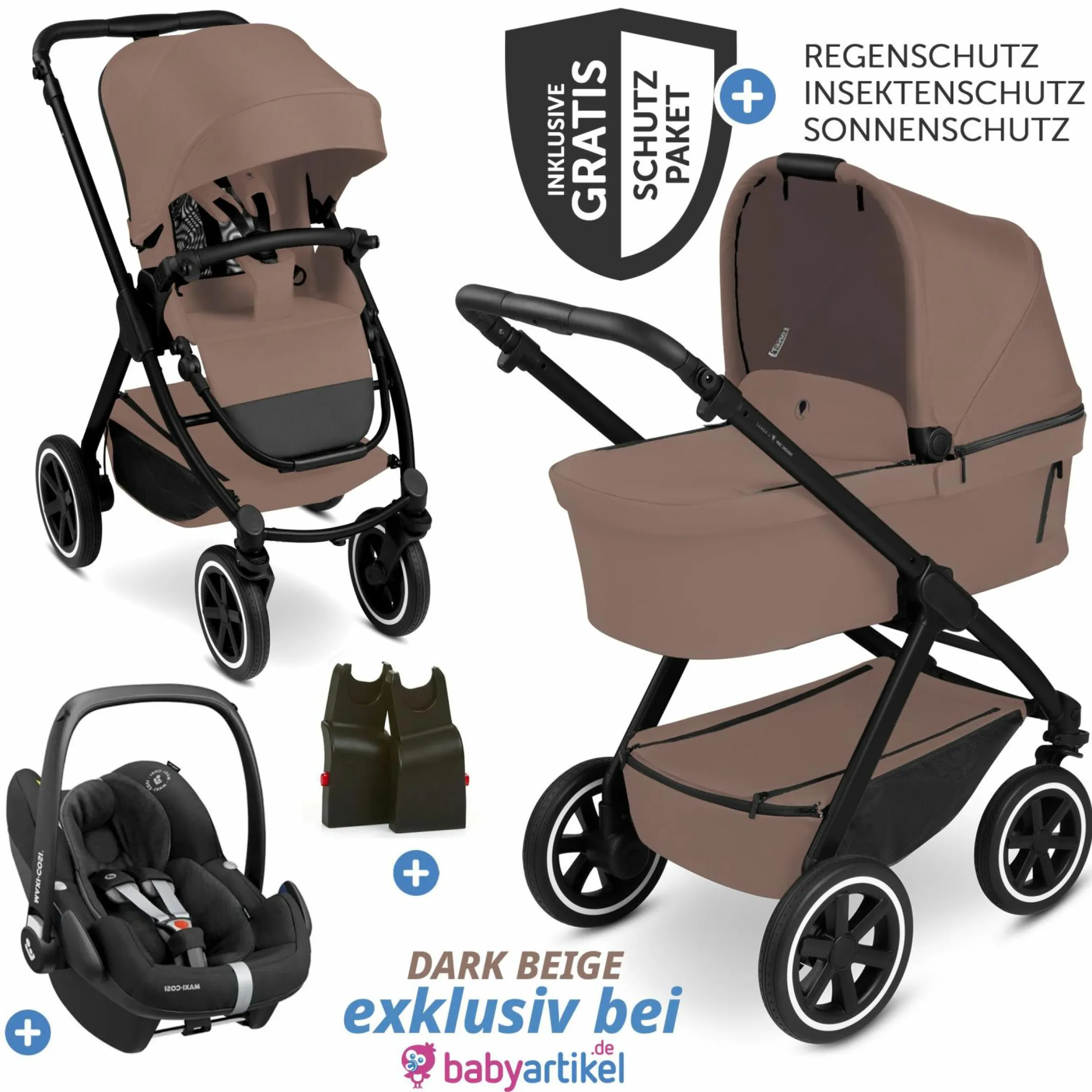 3in1 Kinderwagen-Set Samba 2 - inkl. Babywanne, Autositz Pebble Pro, Sportsitz mit XXL Zubehörpaket - Dark Beige