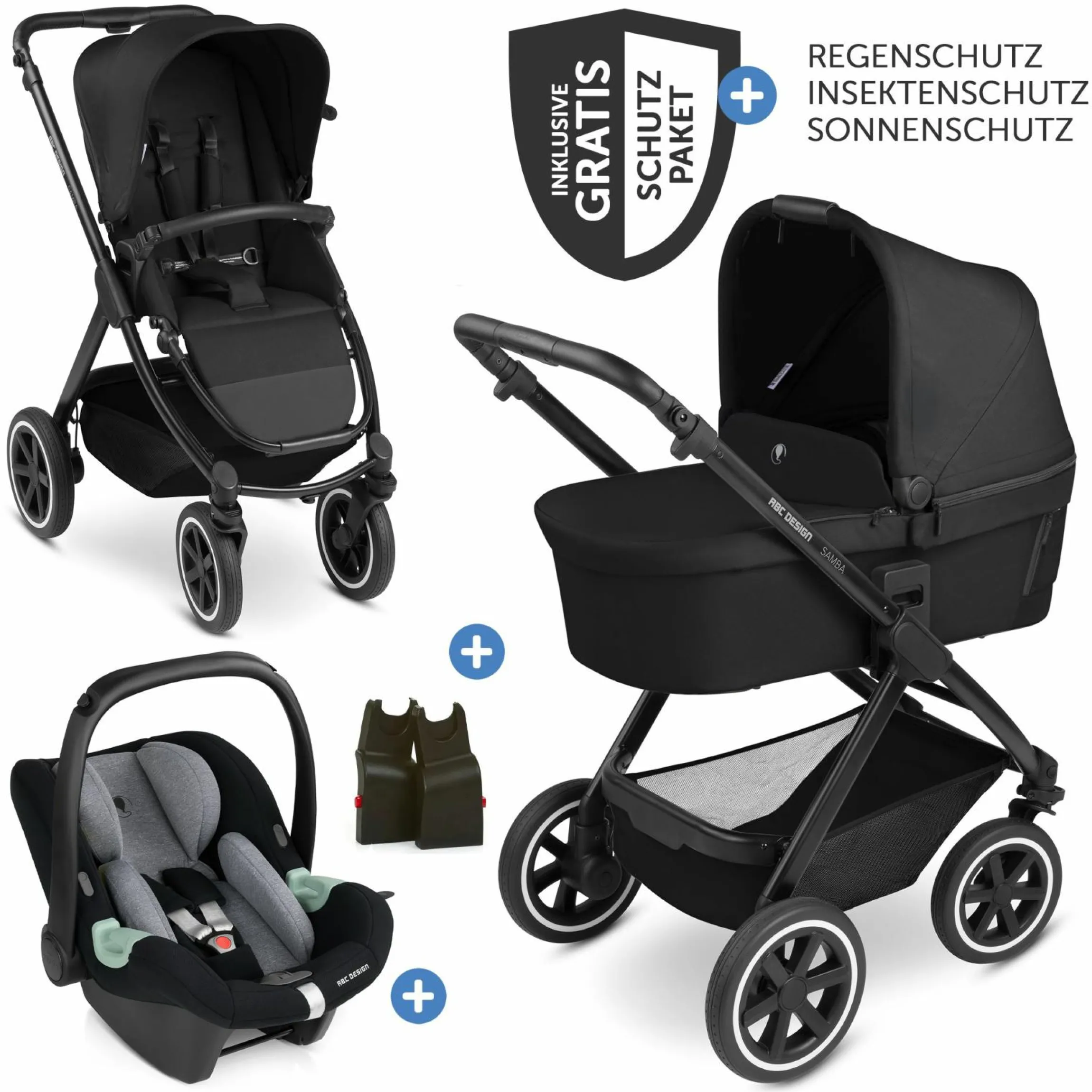 3in1 Kinderwagen-Set Samba inkl. Babywanne, Babyschale Tulip, Sportsitz & XXL Zubehörpaket - Ink