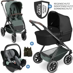 3in1 Kinderwagen-Set Samba inkl. Babywanne, Babyschale Tulip, Sportsitz & XXL Zubehörpaket - Aloe