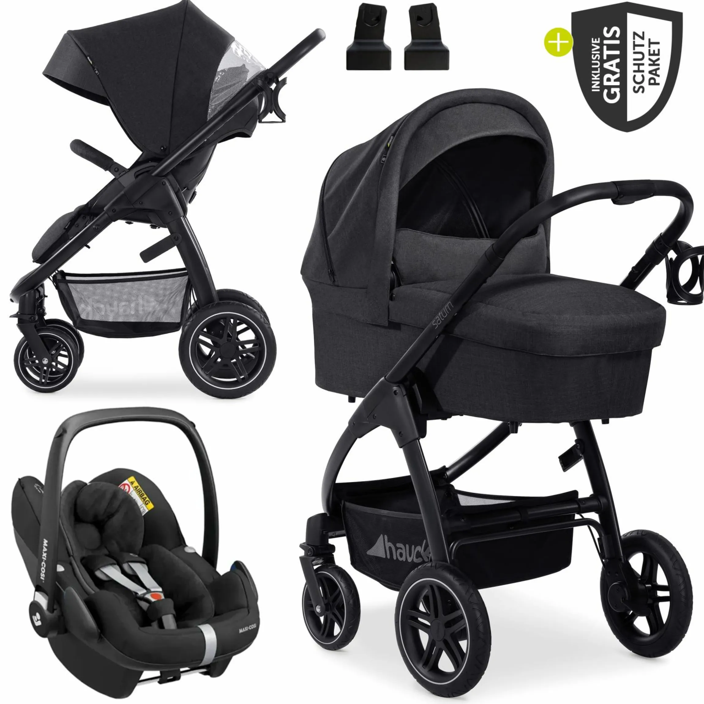 3in1 Kinderwagen-Set Saturn R Trio Set inkl. Maxi-Cosi i-Size Pebble Pro & XXL Zubehörpaket - Melange Black