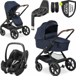 4in1 Kinderwagen-Set Walk N Care Trio Set inkl. Maxi-Cosi i-Size Pebble Pro & Isofix Basis FamilyFix3 & XXL Zubehörset - Dark Blue