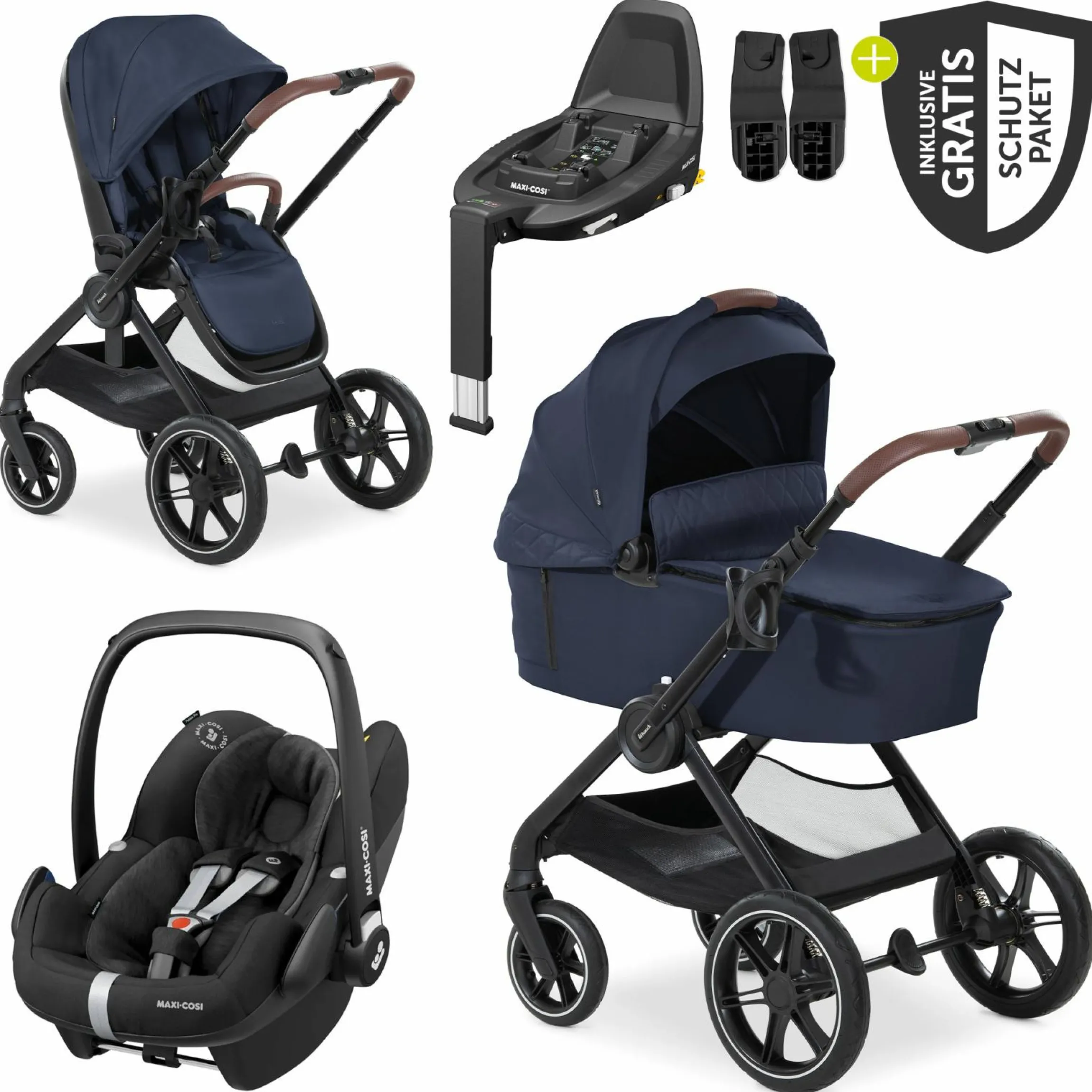 4in1 Kinderwagen-Set Walk N Care Trio Set inkl. Maxi-Cosi i-Size Pebble Pro & Isofix Basis FamilyFix3 & XXL Zubehörset - Dark Blue