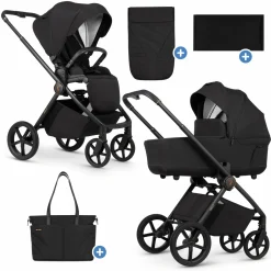 2in1 Kombi-Kinderwagen Claro bis 22 kg mit Babywanne, Sportsitz, Teleskopschieber, Liegeposition inkl. Regenschutz, Beindecke & Wickeltasche mit Wickeunterlage - Noir - Kollektion 2025