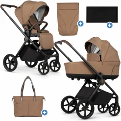 2in1 Kombi-Kinderwagen Claro bis 22 kg mit Babywanne, Sportsitz, Teleskopschieber, Liegeposition inkl. Regenschutz, Beindecke & Wickeltasche mit Wickeunterlage - Caramel - Kollektion 2025