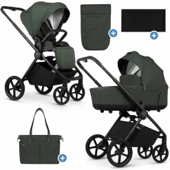 2in1 Kombi-Kinderwagen Claro bis 22 kg mit Babywanne, Sportsitz, Teleskopschieber, Liegeposition inkl. Regenschutz, Beindecke & Wickeltasche mit Wickeunterlage - Forest