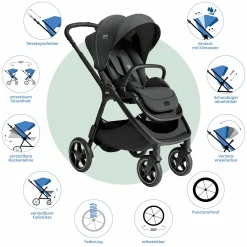 2in1 Kombi-Kinderwagen Finiti bis 22 kg belastbar mit Babywanne Ramble XL, Teleskopschieber, umsetzbare Sitzeinheit, inkl. Adapter & Regenverdeck - Signature - Ebony