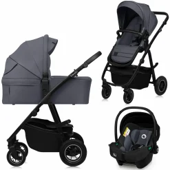 3in1 Kombi-Kinderwagen-Set Amber Plus bis 22 kg mit Babywanne, Babyschale Astrid, Lufträder, Knickschieber, Beindecke, Wickeltasche, Insektenschutz, Regenschutz & Adapter - Grey Graphite