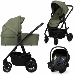 3in1 Kombi-Kinderwagen-Set Amber Plus bis 22 kg mit Babywanne, Babyschale Astrid, Lufträder, Knickschieber, Beindecke, Wickeltasche, Insektenschutz, Regenschutz & Adapter - Green Forest