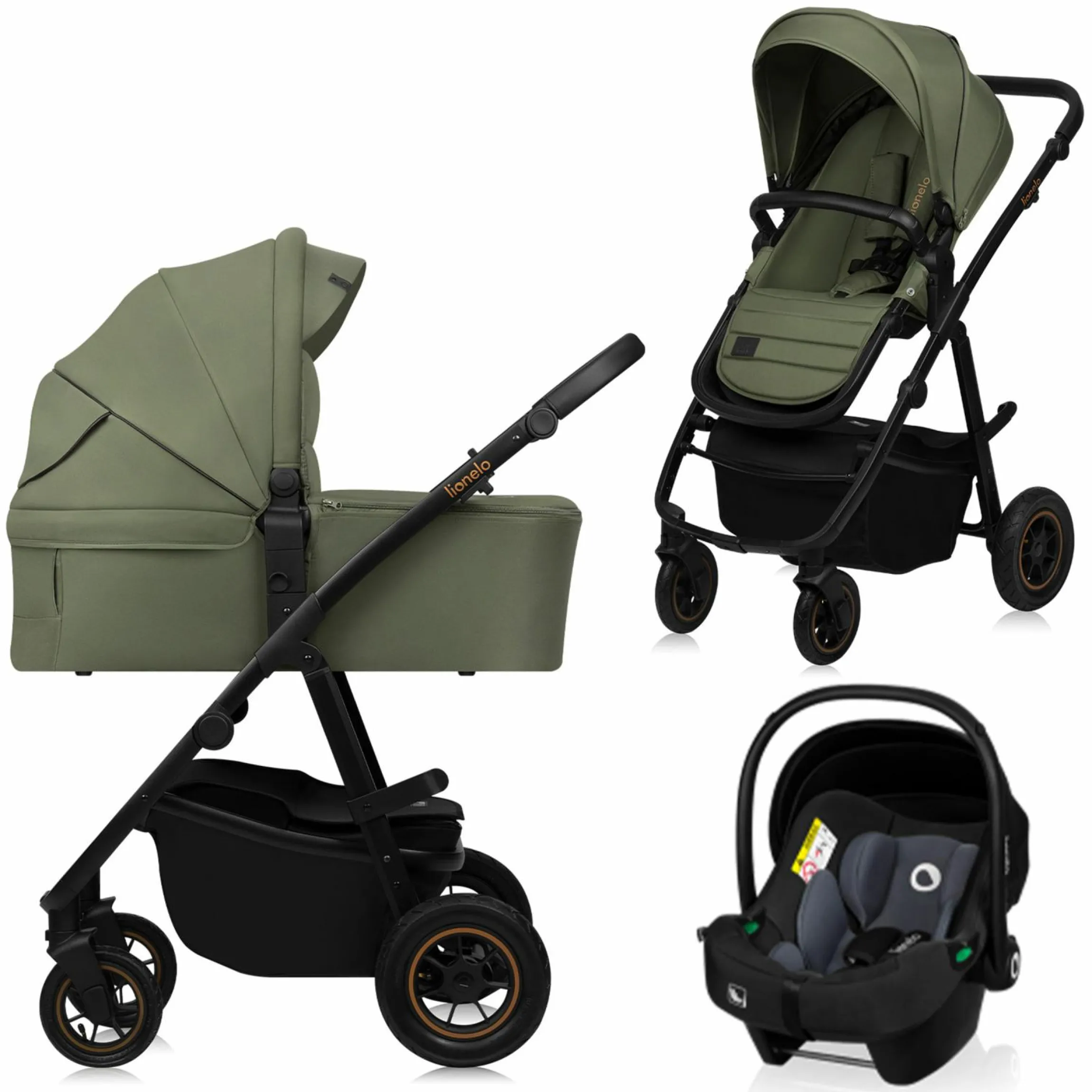 3in1 Kombi-Kinderwagen-Set Amber Plus bis 22 kg mit Babywanne, Babyschale Astrid, Lufträder, Knickschieber, Beindecke, Wickeltasche, Insektenschutz, Regenschutz & Adapter - Green Forest