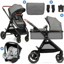 3in1 Kombi-Kinderwagen-Set ESME bis 22 kg mit wendbarer Sitz & Wanne in einem, Knickschieber inkl. Babyschale, Getränkehalter, Wickeltasche, Adapter & Zubehör - Moonlight Grey