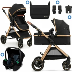 3in1 Kombi-Kinderwagen-Set ESME bis 22 kg mit wendbarer Sitz & Wanne in einem, Knickschieber inkl. Babyschale, Getränkehalter, Wickeltasche, Adapter & Zubehör - Pure Black