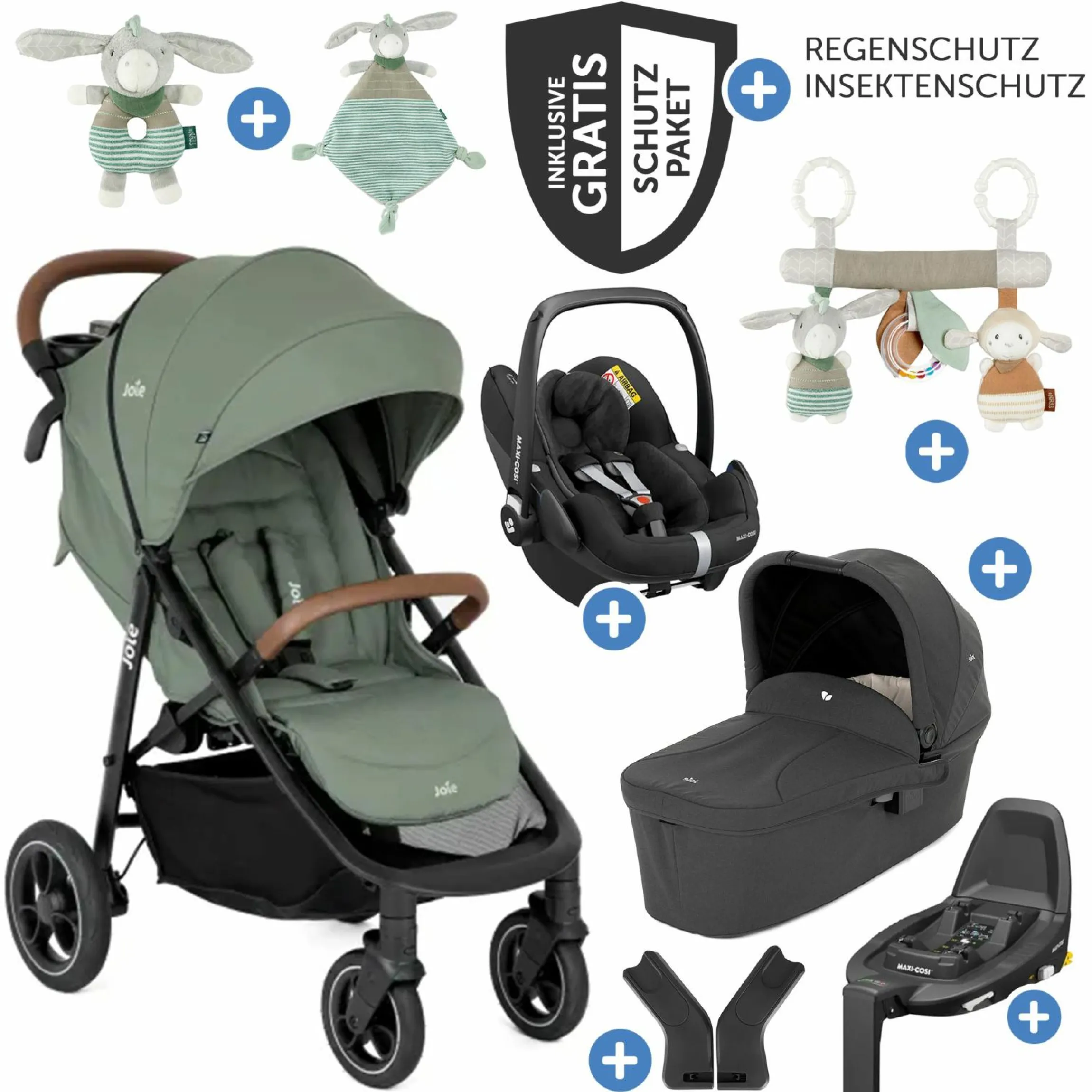 4in1 Kombi-Kinderwagen-Set Litetrax Pro bis 22 kg belastbar mit Babywanne Ramble, Babyschale Pebble Pro, Isofix-Basis, Activity-Trapez, Schmusetuch, Greifling, Adapter & Zubehörpaket - Laurel - Kollektion 2025
