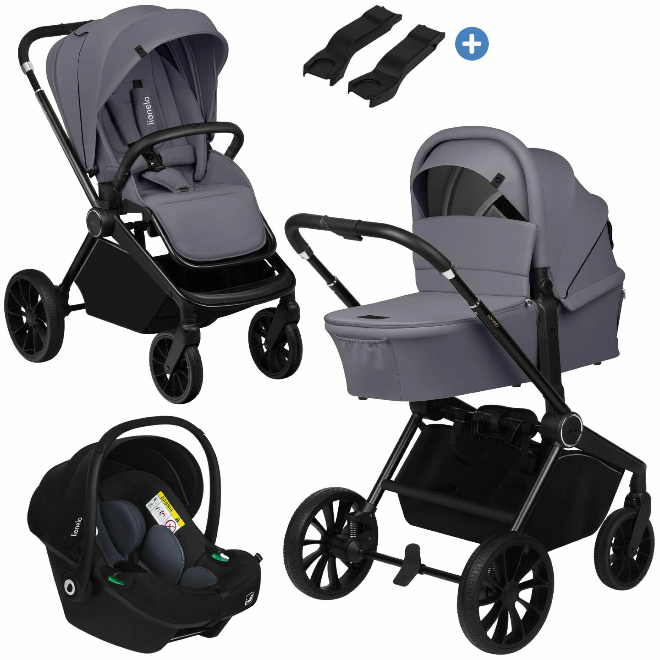 3in1 Kombi-Kinderwagen-Set Mika Plus bis 22 kg mit Babywanne, Babyschale Astrid, Teleskopschieber, Beindecke, Tragegurt, Insektenschutz, Regenschutz & Adapter - Grey Stone