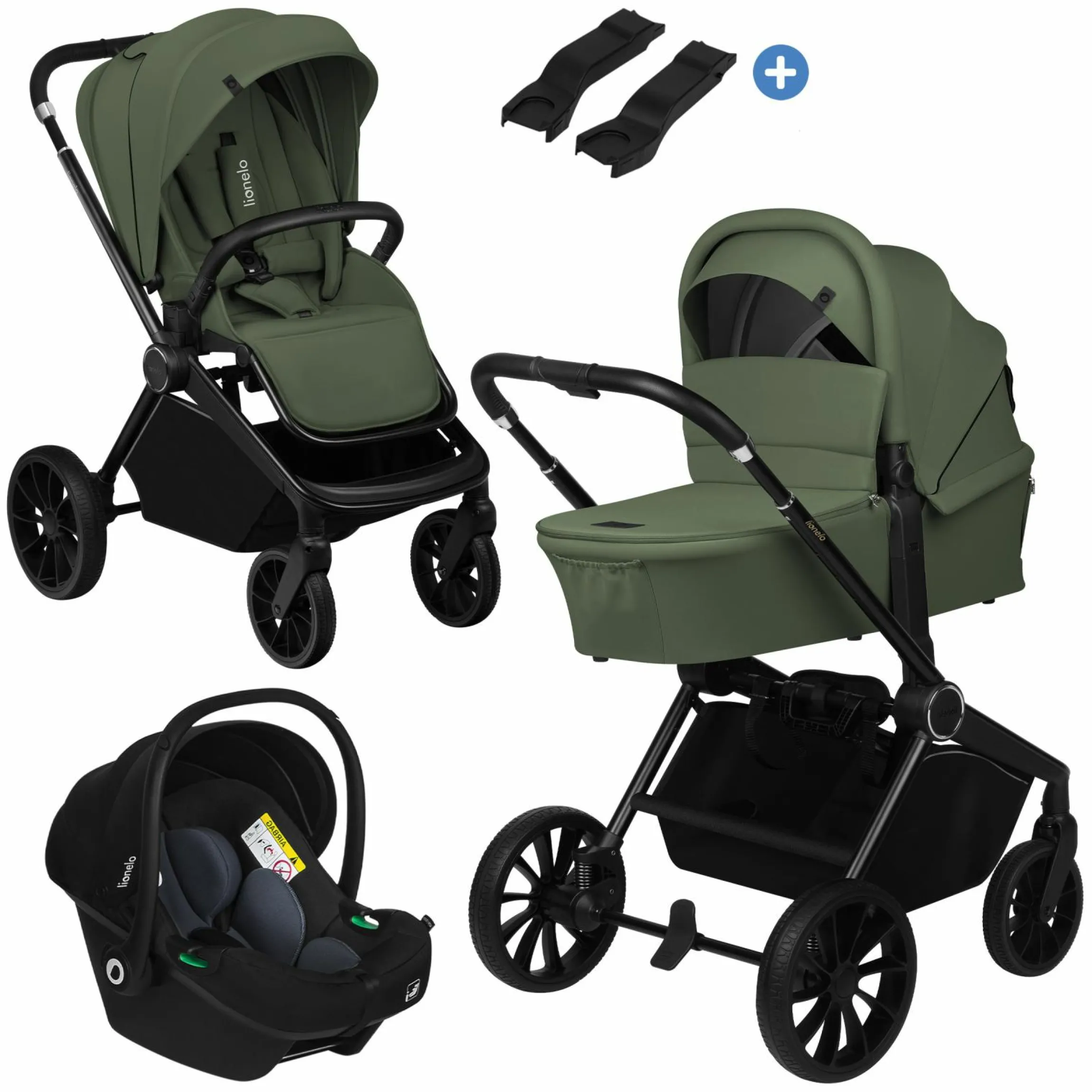 3in1 Kombi-Kinderwagen-Set Mika Plus bis 22 kg mit Babywanne, Babyschale Astrid, Teleskopschieber, Beindecke, Tragegurt, Insektenschutz, Regenschutz & Adapter - Green Olive