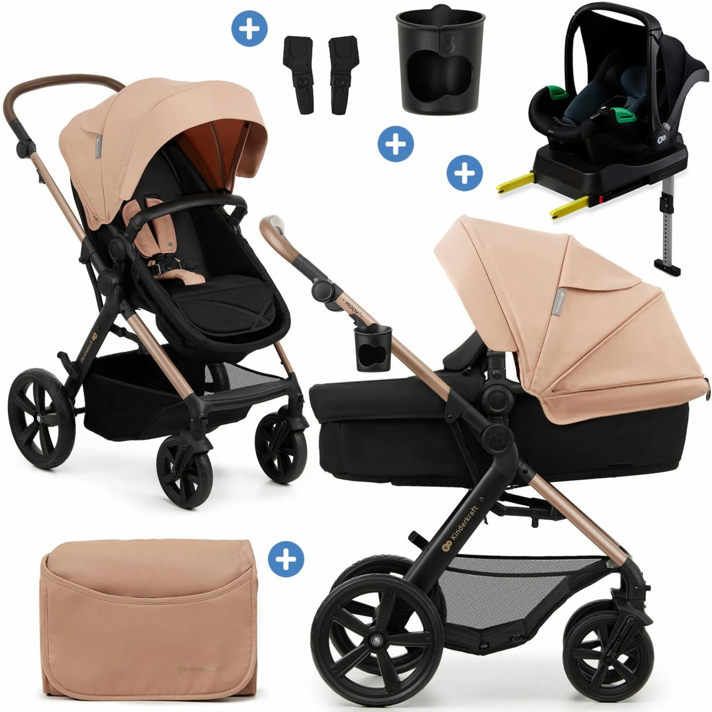 4in1 Kombi-Kinderwagen-Set MOOV 2bis 22 kg mit wendbarer Sitz & Wanne in einem, Knickschieber inkl. Babyschale, Base, Wickeltasche, Adapter & Zubehör - Sand Beige