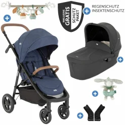 2in1 Kombi-Kinderwagen-Set Mytrax Pro bis 22 kg belastbar mit Kinderwagenkette & Ring-Greifling - Teleskopschieber, Getränkehalter, Babywanne Ramble, Adapter & Zubehörpaket - Blueberry - Kollektion 2025
