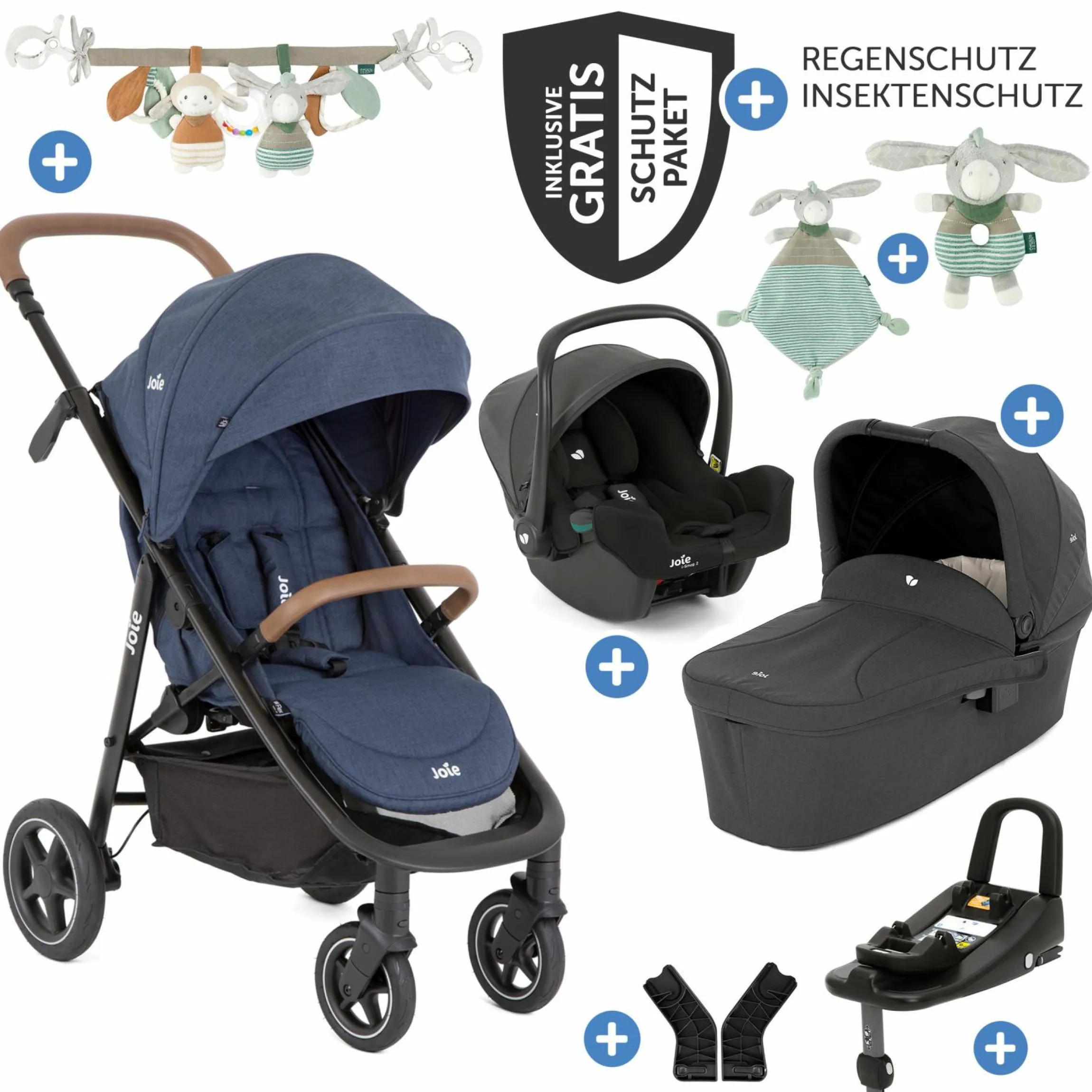 4in1 Kombi-Kinderwagen-Set Mytrax Pro bis 22 kg belastbar mit Kinderwagenkette, Ring-Greifling, Schmusetuch - Teleskopschieber, Getränkehalter, Babyschale i-Snug 2, Babywanne Ramble, Adapter, Isofix-Basis & Zubehörpaket - Blueberry - Kollektion 2025