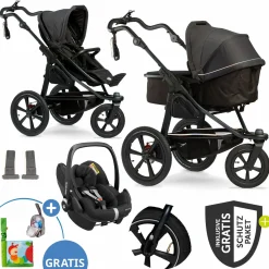 3in1 Kombi-Kinderwagen-Set Pro mit Luftreifen inkl. Kombi-Einheit ( Babywanne+Sitz) inkl. Maxi-Cosi Pebble Pro, Handyhalter, Getränkeflasche & XXL Zubehörpaket - Anthrazit - Kollektion 2024