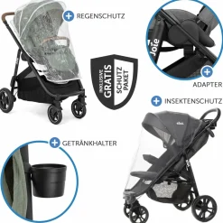 2in1 Kombi-Kinderwagen-Set Versatrax bis 22 kg belastbar mit Babywanne Ramble XL, Schnullerkette, Adapter & Zubehörpaket - Pebble