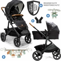 2in1 Kombi-Kinderwagen-Set Vinca bis 22 kg belastbar mit Kinderwagenkette & Ring-Greifling - Teleskopschieber, Sitzeinheit, Babywanne Ramble XL, Adapter & Zubehörpaket - Signature - Eclipse