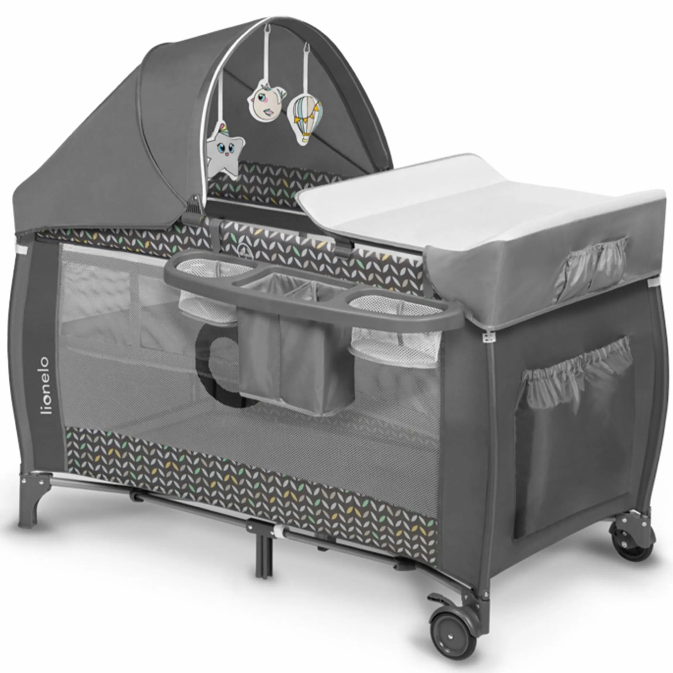 2in1 Reisebett & Laufgitter Sven Plus ab Geburt - 15 kg mit verstellbarem Einhang, 2 Räder, Einstieg, Wickeauflage , Windelablage, Mobile, Tragetasche, Sonnendach & Insektenschutz - Grey Scandi