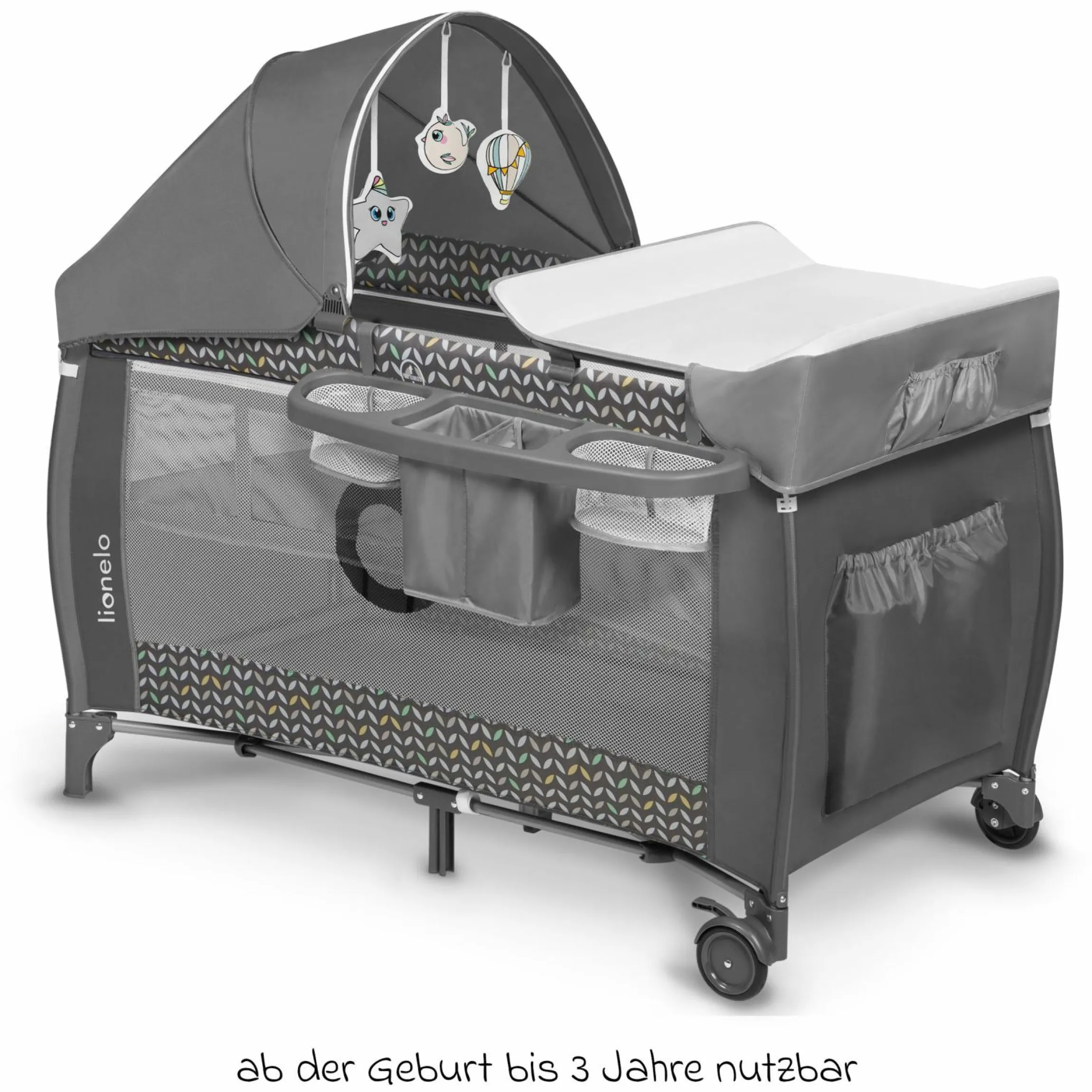 2in1 Reisebett & Laufgitter Sven Plus ab Geburt - 15 kg mit verstellbarem Einhang, 2 Räder, Einstieg, Wickeauflage , Windelablage, Mobile, Tragetasche, Sonnendach & Insektenschutz - Grey Scandi
