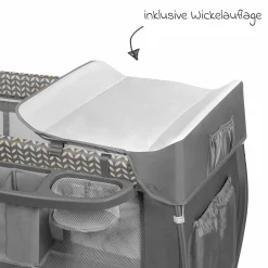 2in1 Reisebett & Laufgitter Sven Plus ab Geburt - 15 kg mit verstellbarem Einhang, 2 Räder, Einstieg, Wickeauflage , Windelablage, Mobile, Tragetasche, Sonnendach & Insektenschutz - Grey Scandi
