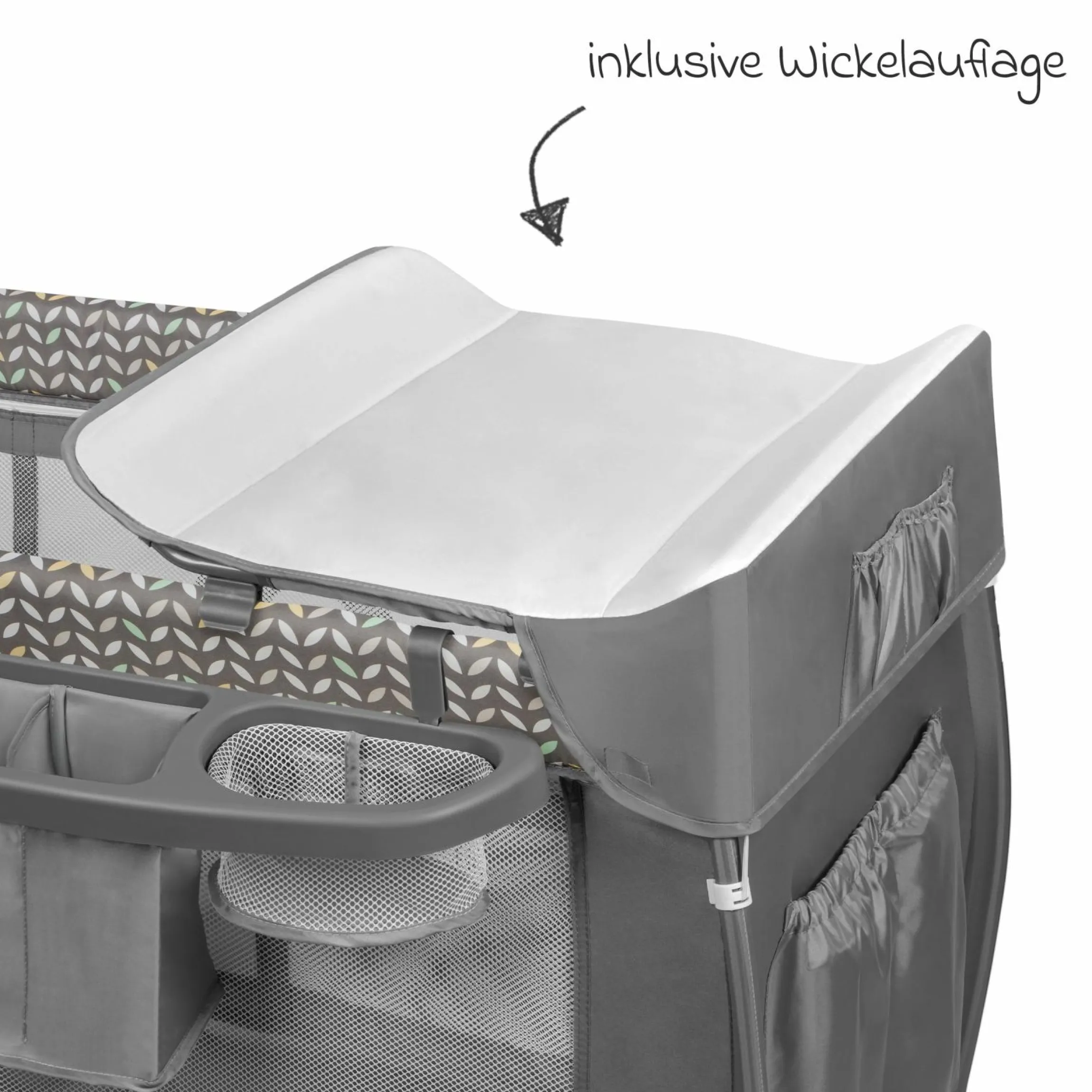 2in1 Reisebett & Laufgitter Sven Plus ab Geburt - 15 kg mit verstellbarem Einhang, 2 Räder, Einstieg, Wickeauflage , Windelablage, Mobile, Tragetasche, Sonnendach & Insektenschutz - Grey Scandi