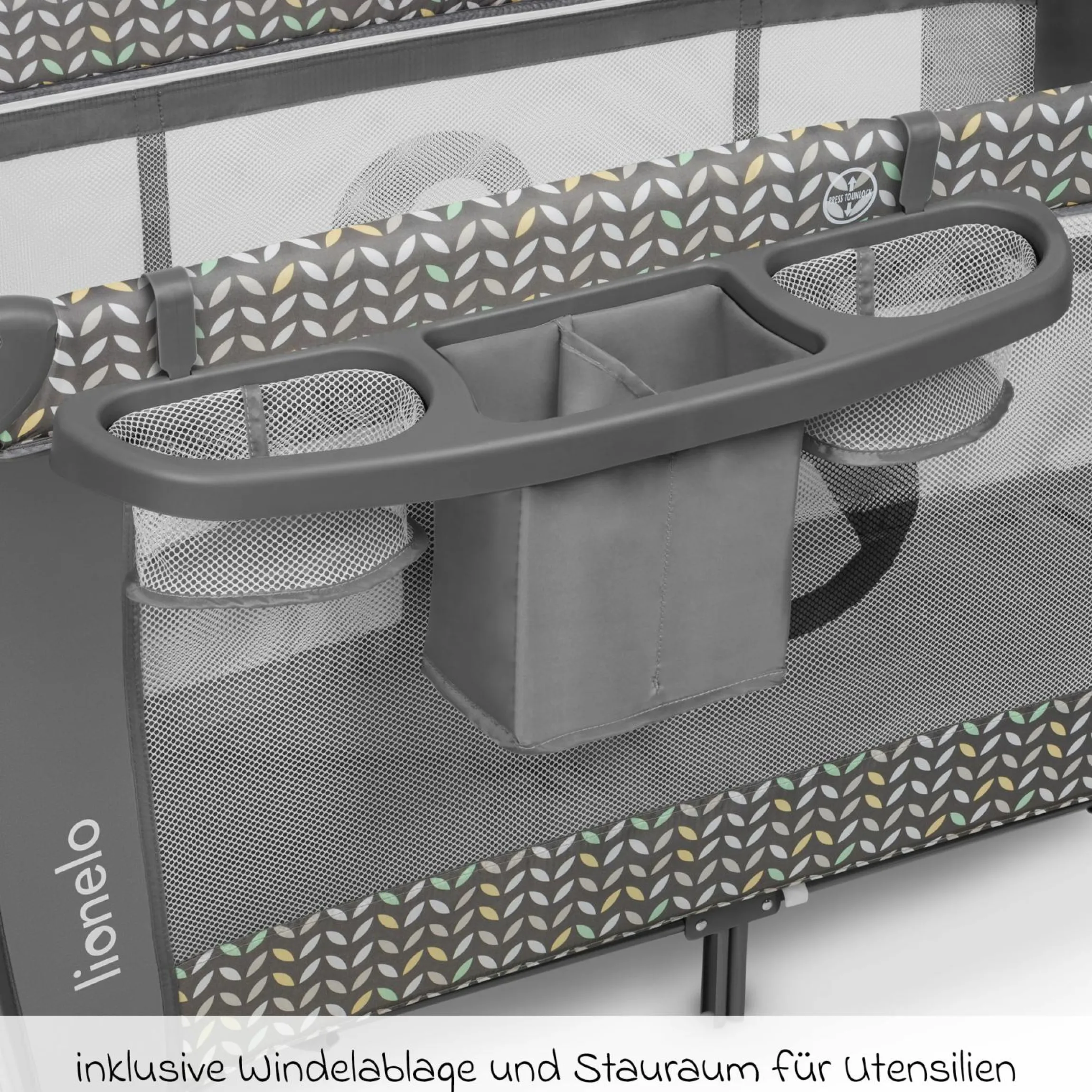 2in1 Reisebett & Laufgitter Sven Plus ab Geburt - 15 kg mit verstellbarem Einhang, 2 Räder, Einstieg, Wickeauflage , Windelablage, Mobile, Tragetasche, Sonnendach & Insektenschutz - Grey Scandi