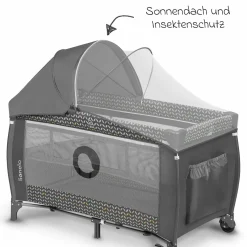 2in1 Reisebett & Laufgitter Sven Plus ab Geburt - 15 kg mit verstellbarem Einhang, 2 Räder, Einstieg, Wickeauflage , Windelablage, Mobile, Tragetasche, Sonnendach & Insektenschutz - Grey Scandi