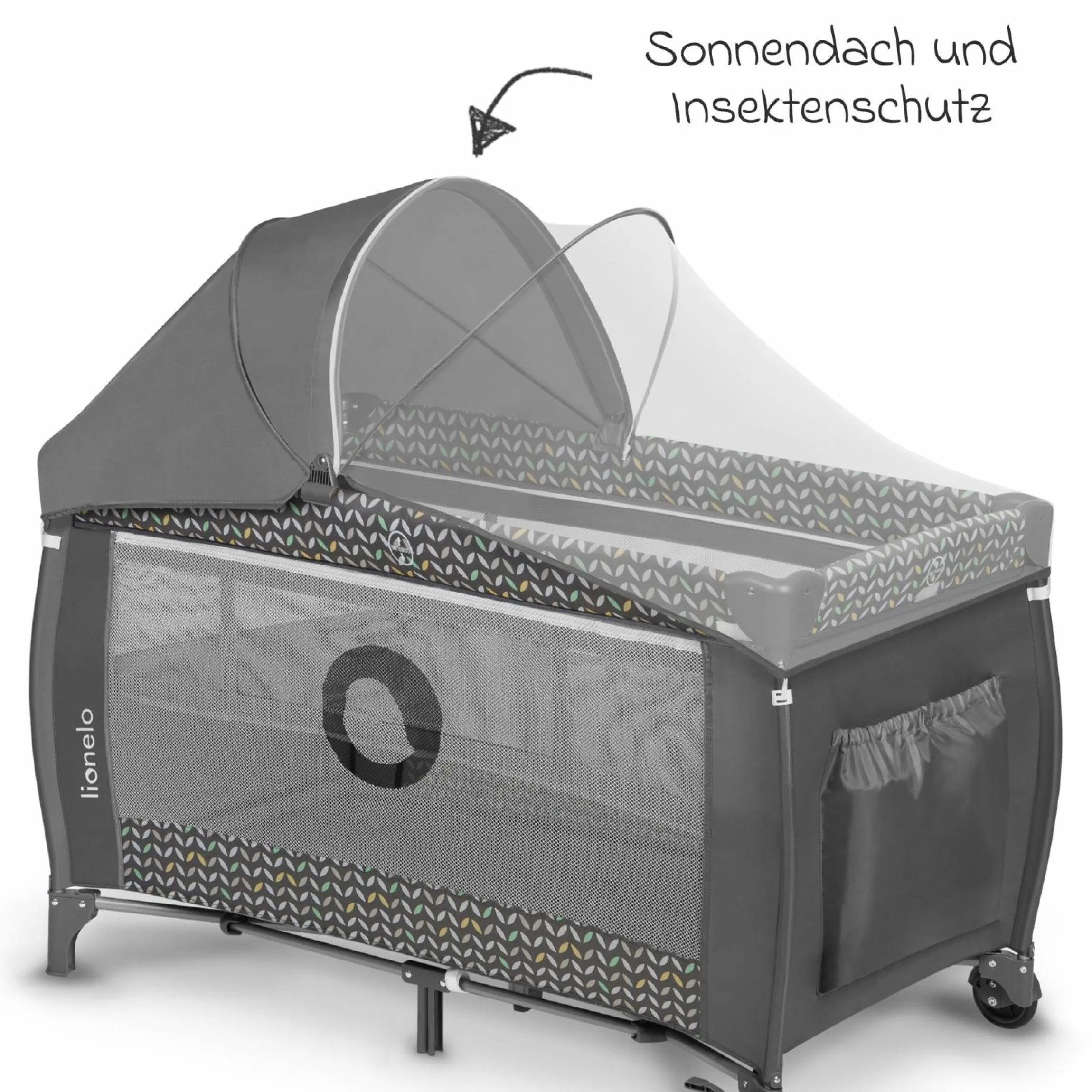 2in1 Reisebett & Laufgitter Sven Plus ab Geburt - 15 kg mit verstellbarem Einhang, 2 Räder, Einstieg, Wickeauflage , Windelablage, Mobile, Tragetasche, Sonnendach & Insektenschutz - Grey Scandi