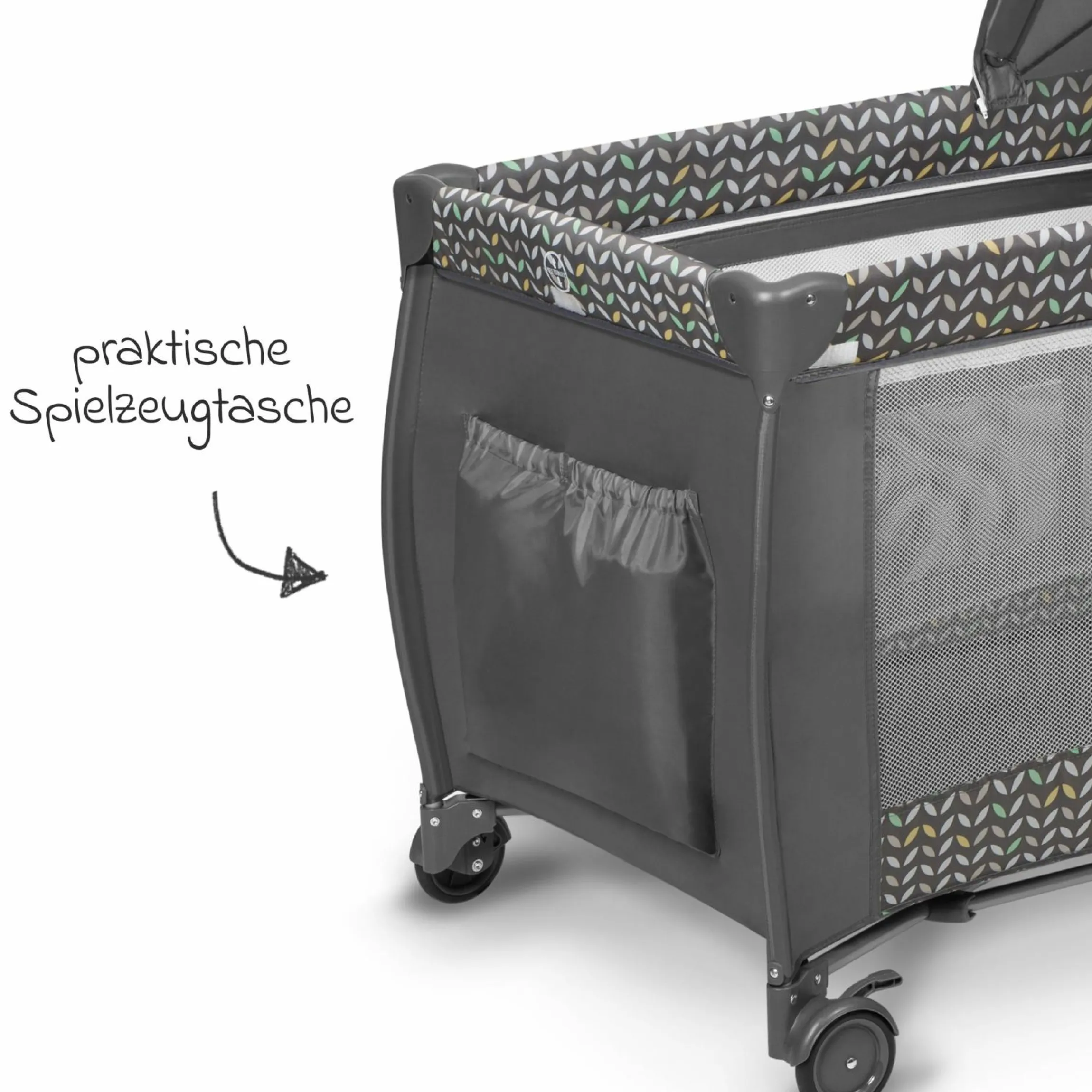 2in1 Reisebett & Laufgitter Sven Plus ab Geburt - 15 kg mit verstellbarem Einhang, 2 Räder, Einstieg, Wickeauflage , Windelablage, Mobile, Tragetasche, Sonnendach & Insektenschutz - Grey Scandi