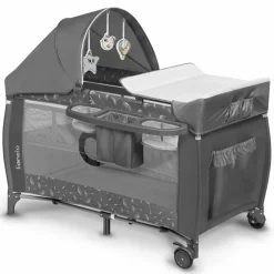 2in1 Reisebett & Laufgitter Sven Plus ab Geburt - 15 kg mit verstellbarem Einhang, 2 Räder, Einstieg, Wickeauflage , Windelablage, Mobile, Tragetasche, Sonnendach & Insektenschutz - Grey Concrete