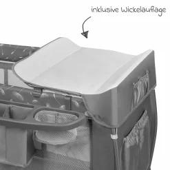 2in1 Reisebett & Laufgitter Sven Plus ab Geburt - 15 kg mit verstellbarem Einhang, 2 Räder, Einstieg, Wickeauflage , Windelablage, Mobile, Tragetasche, Sonnendach & Insektenschutz - Grey Concrete