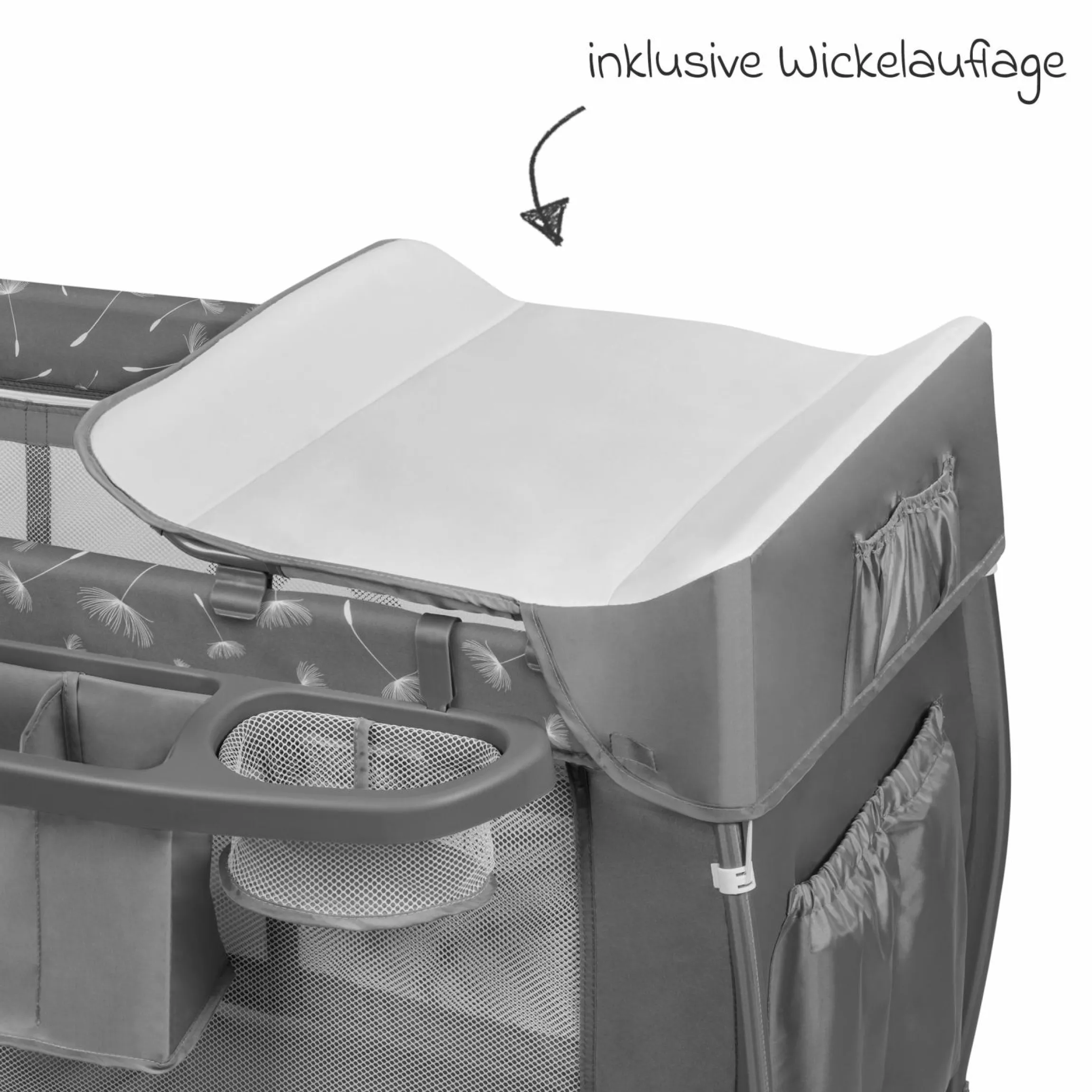 2in1 Reisebett & Laufgitter Sven Plus ab Geburt - 15 kg mit verstellbarem Einhang, 2 Räder, Einstieg, Wickeauflage , Windelablage, Mobile, Tragetasche, Sonnendach & Insektenschutz - Grey Concrete