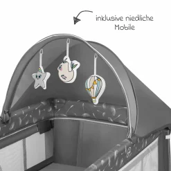 2in1 Reisebett & Laufgitter Sven Plus ab Geburt - 15 kg mit verstellbarem Einhang, 2 Räder, Einstieg, Wickeauflage , Windelablage, Mobile, Tragetasche, Sonnendach & Insektenschutz - Grey Concrete