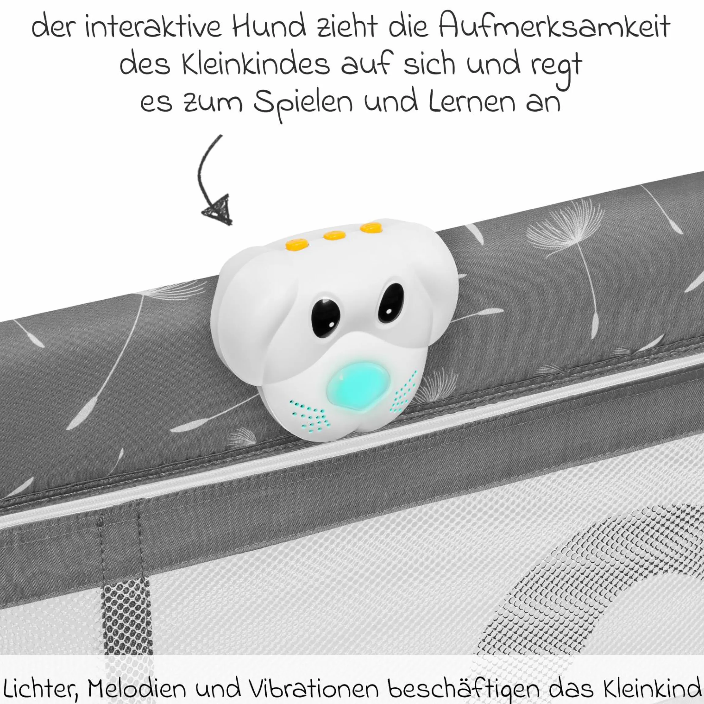 2in1 Reisebett & Laufgitter Sven Plus ab Geburt - 15 kg mit verstellbarem Einhang, 2 Räder, Einstieg, Wickeauflage , Windelablage, Mobile, Tragetasche, Sonnendach & Insektenschutz - Grey Concrete