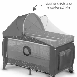2in1 Reisebett & Laufgitter Sven Plus ab Geburt - 15 kg mit verstellbarem Einhang, 2 Räder, Einstieg, Wickeauflage , Windelablage, Mobile, Tragetasche, Sonnendach & Insektenschutz - Grey Concrete