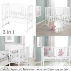 3in1 Stuben- & Beistellbett mit Canvas-Barriere + safe asleep Matratze mit 90 x 45 cm 47 x 99,5 cm - Weiß