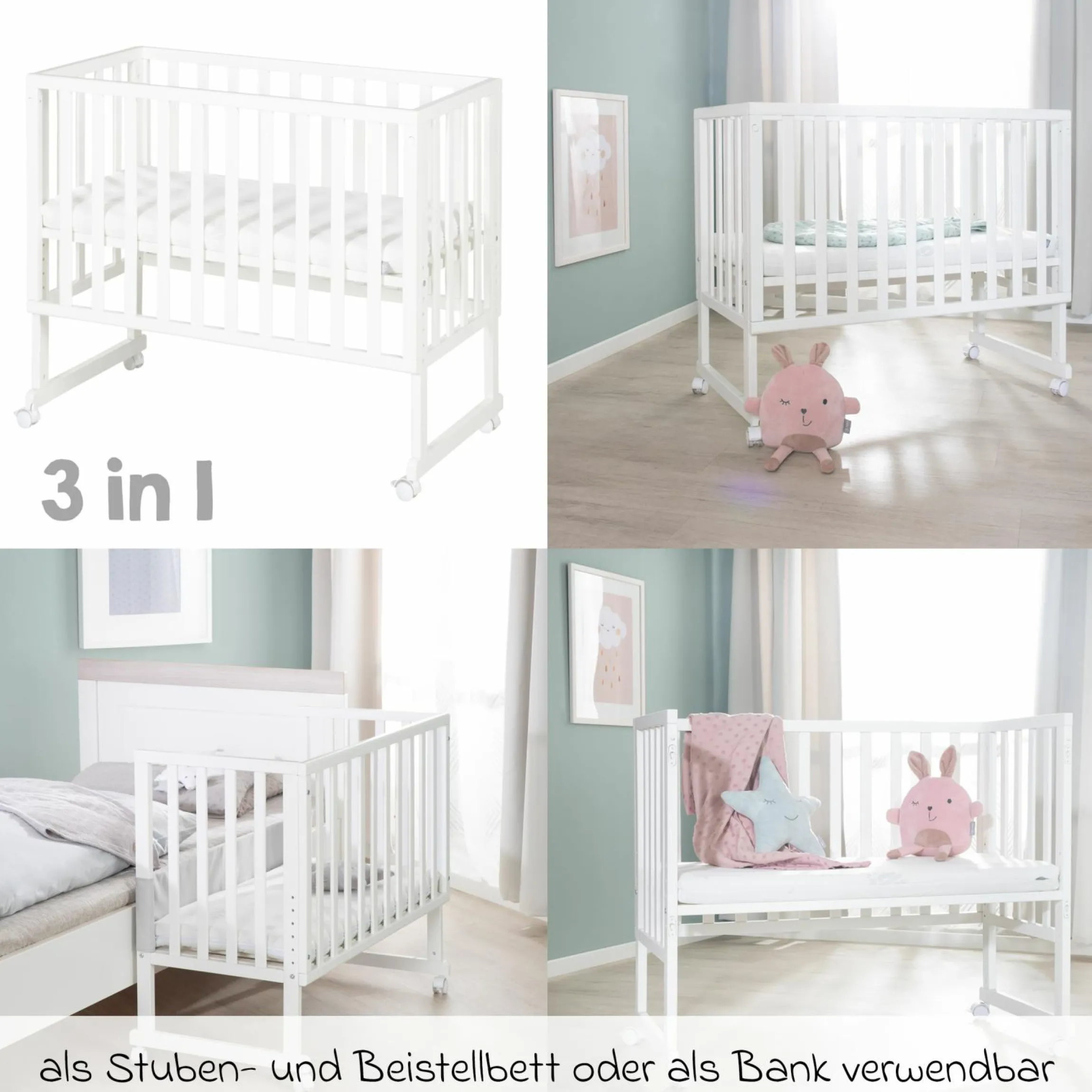 3in1 Stuben- & Beistellbett mit Canvas-Barriere + safe asleep Matratze mit 90 x 45 cm 47 x 99,5 cm - Weiß