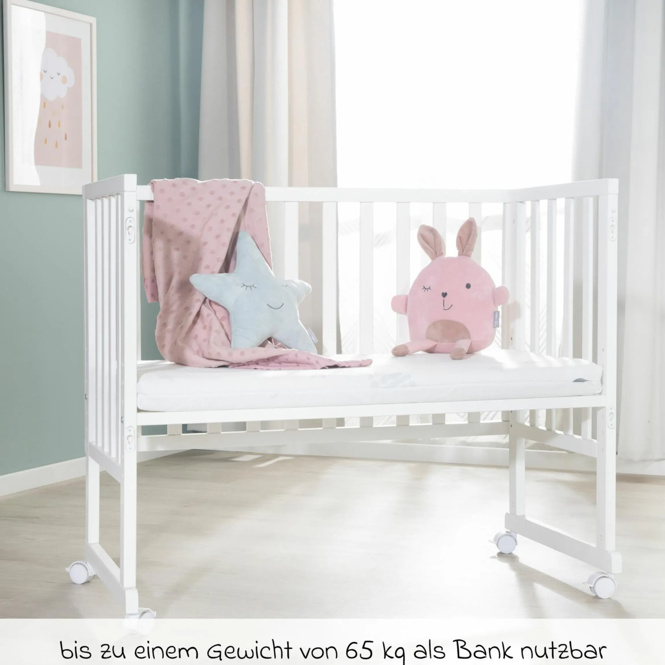 3in1 Stuben- & Beistellbett mit Canvas-Barriere + safe asleep Matratze mit 90 x 45 cm 47 x 99,5 cm - Weiß