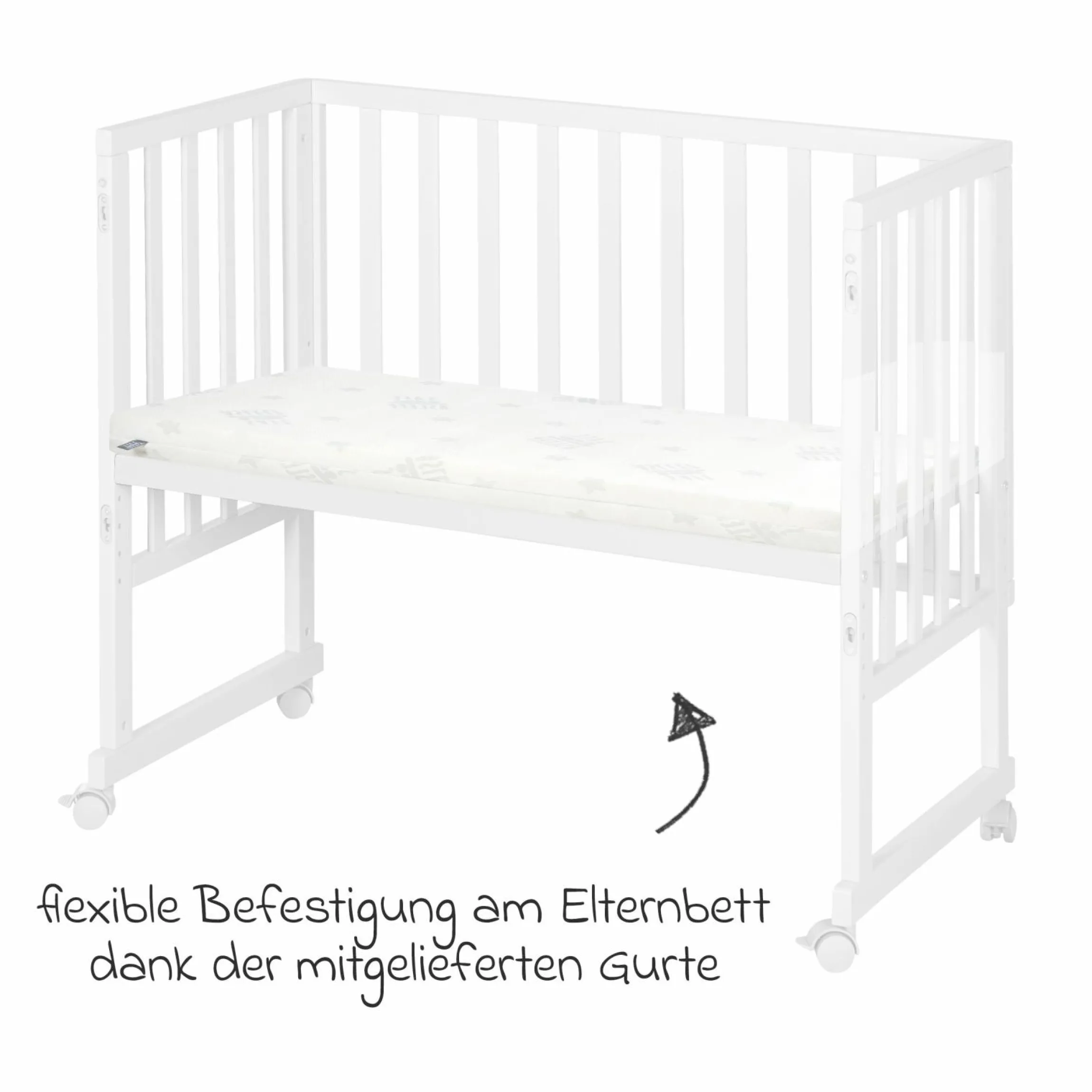 3in1 Stuben- & Beistellbett mit Canvas-Barriere + safe asleep Matratze mit 90 x 45 cm 47 x 99,5 cm - Weiß