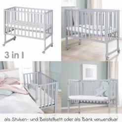 3in1 Stuben- & Beistellbett mit Canvas-Barriere + safe asleep Matratze mit 90 x 45 cm 47 x 99,5 cm - Taupe