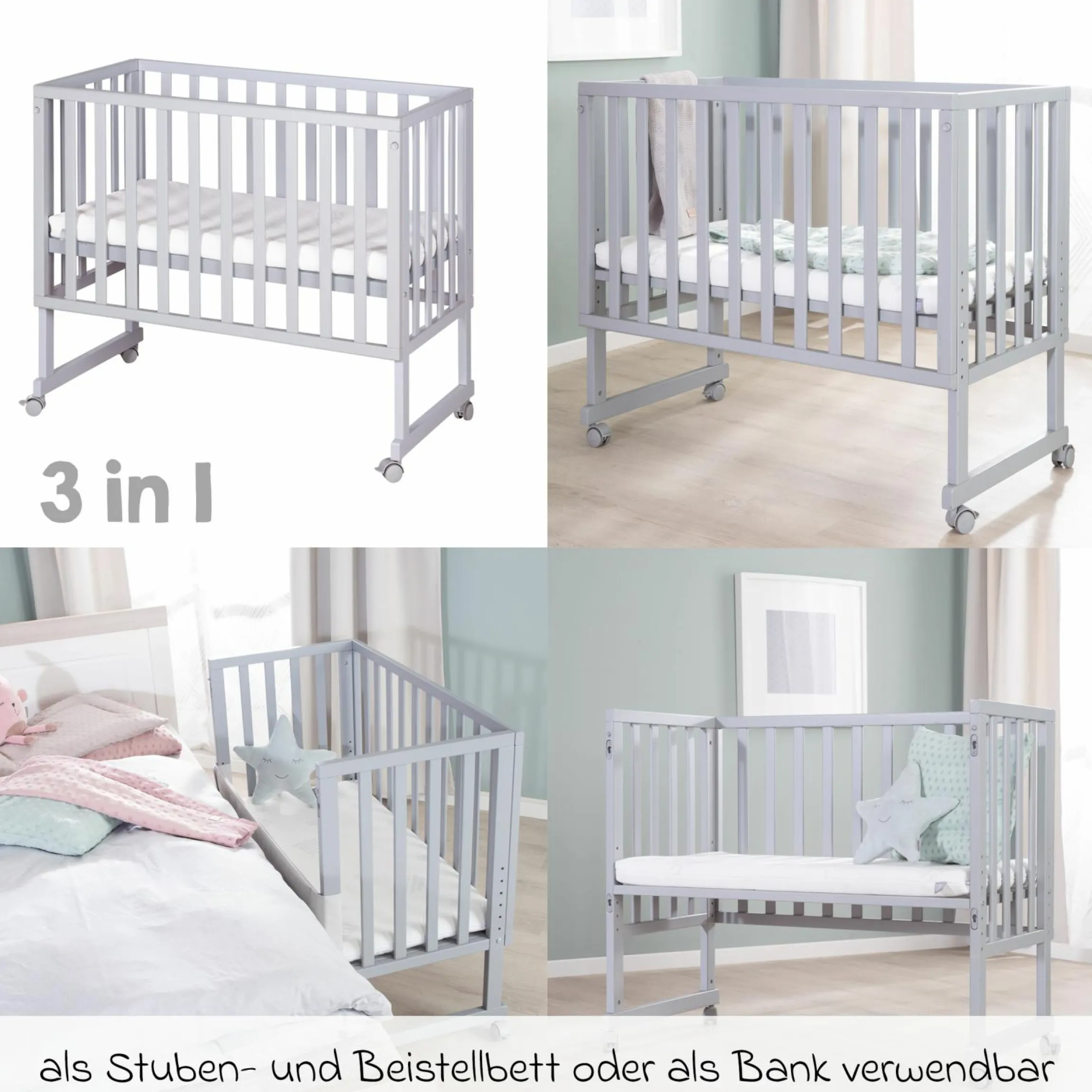 3in1 Stuben- & Beistellbett mit Canvas-Barriere + safe asleep Matratze mit 90 x 45 cm 47 x 99,5 cm - Taupe