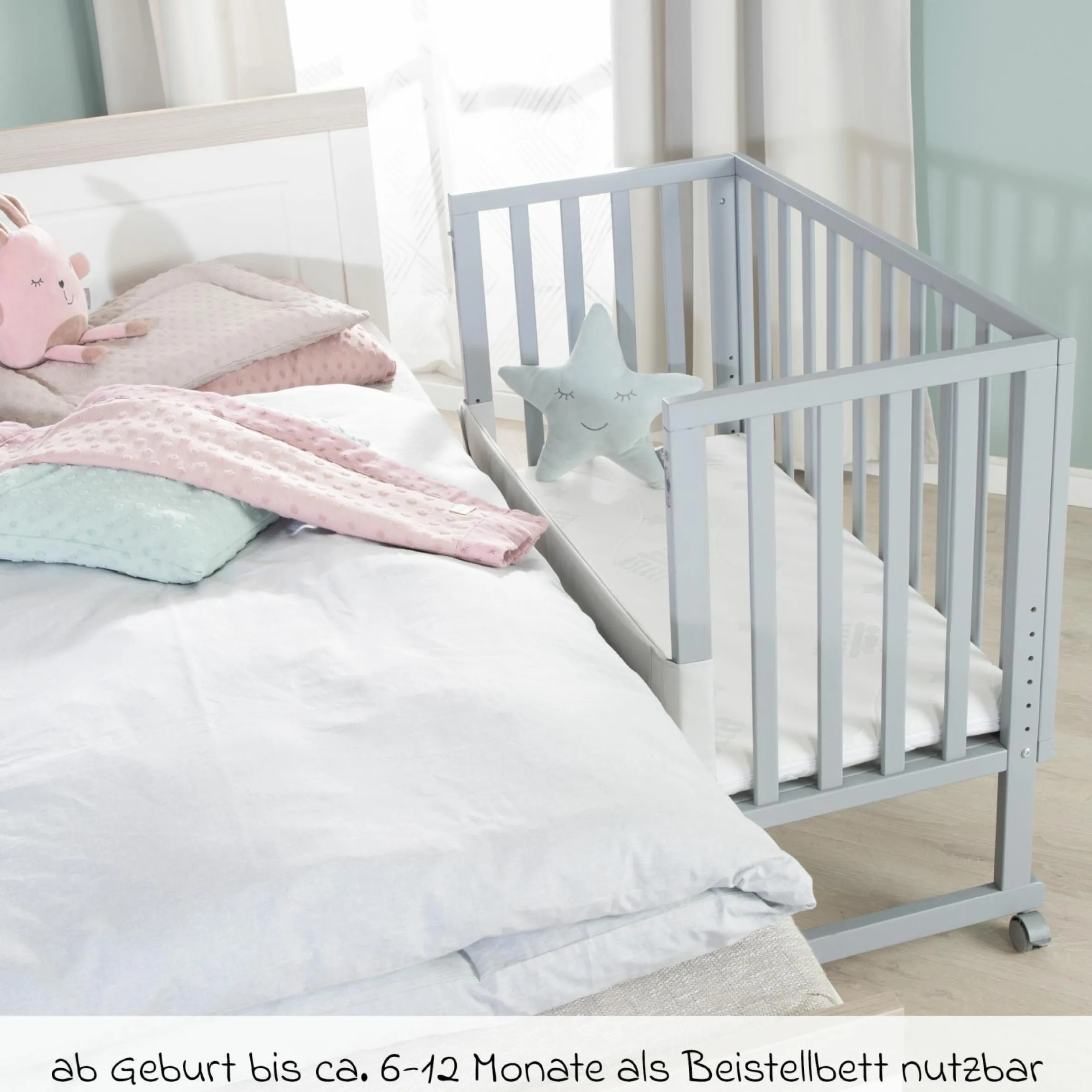 3in1 Stuben- & Beistellbett mit Canvas-Barriere + safe asleep Matratze mit 90 x 45 cm 47 x 99,5 cm - Taupe