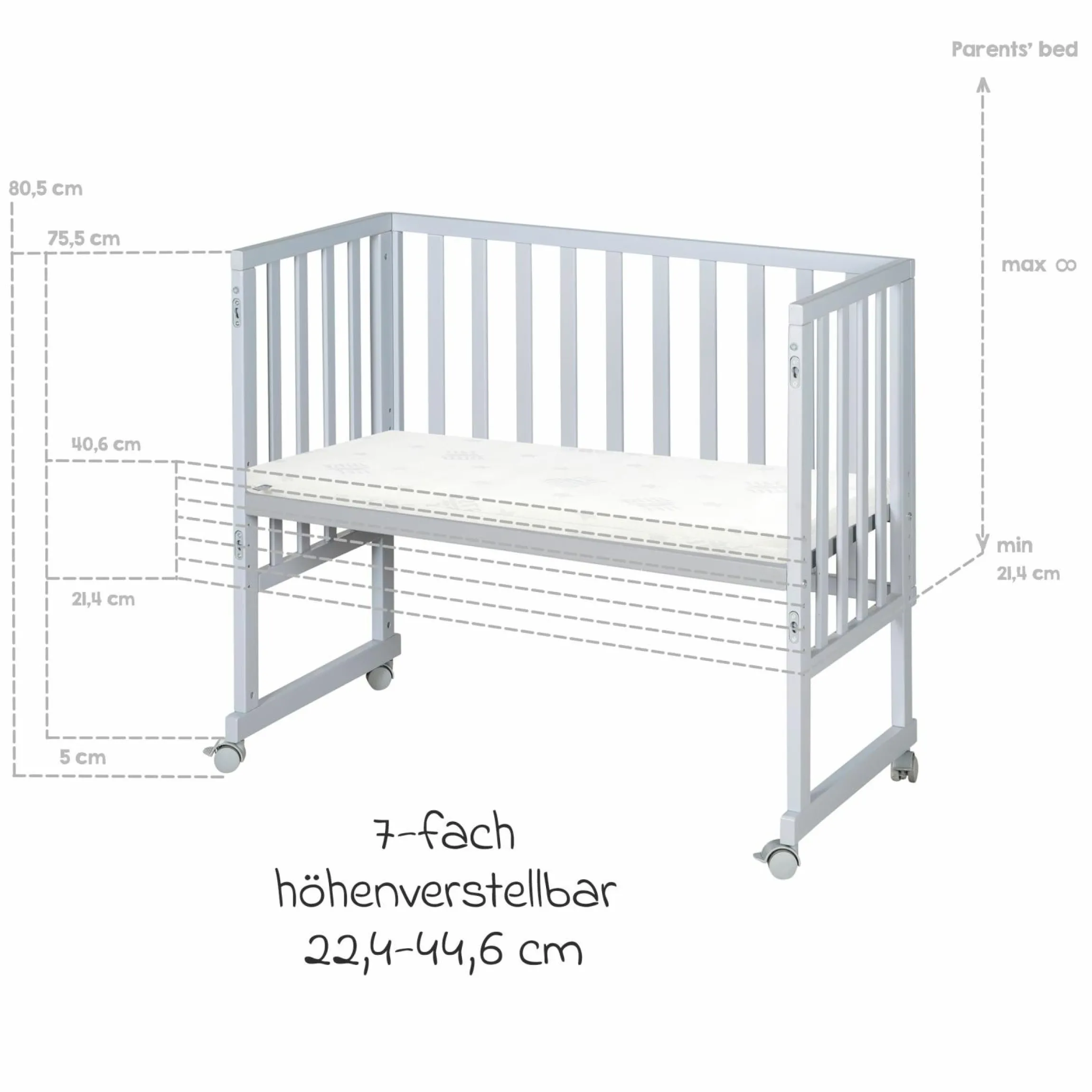 3in1 Stuben- & Beistellbett mit Canvas-Barriere + safe asleep Matratze mit 90 x 45 cm 47 x 99,5 cm - Taupe