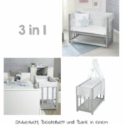 3in1 Stubenbett, Beistellbett, Bank & Textile-Ausstattung - Sternenzauber Grau - Taupe