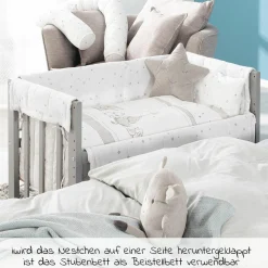 4in1 Stubenbett,  Beistellbett, Wiege und Bank & Textile-Ausstattung - Sternenzauber - Grau